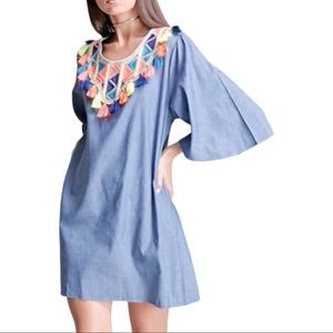 Velzera Chambray Mini Dress with Tassels Size 3XL